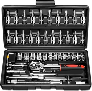 Socket Wrench Set, Essential Tools 46-in-1 Automobile Motorcycle Repair Tool Box, 1/4-inch drive includes bit socket set and extension rod, mechanical tool kit, metric, with storage case, for household and car repair, Valentine's Day Organiser