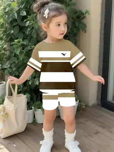 Vintage Striped Eagle Logo Short Sleeve Set, Baby Toddler Casual Clothing, 100% Polyester, Perfect Gift for Kids