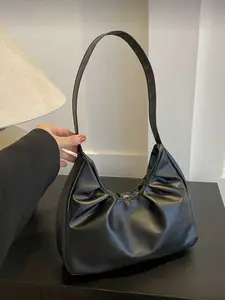 Elegant Fashion Single Shoulder Bag, New Spring Autumn Solid Color Ruched Handbag, Comfortable Underarm Carry, Stylish and Practical, Half Moon Purse