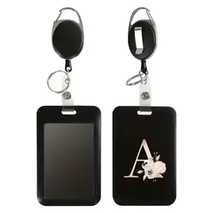 Durable Plastic ID Badge Holder with Keychain & Lanyard, Flower Design, 26 Letter Patterns, Ideal for Employees & Professionals, ID Card Holder