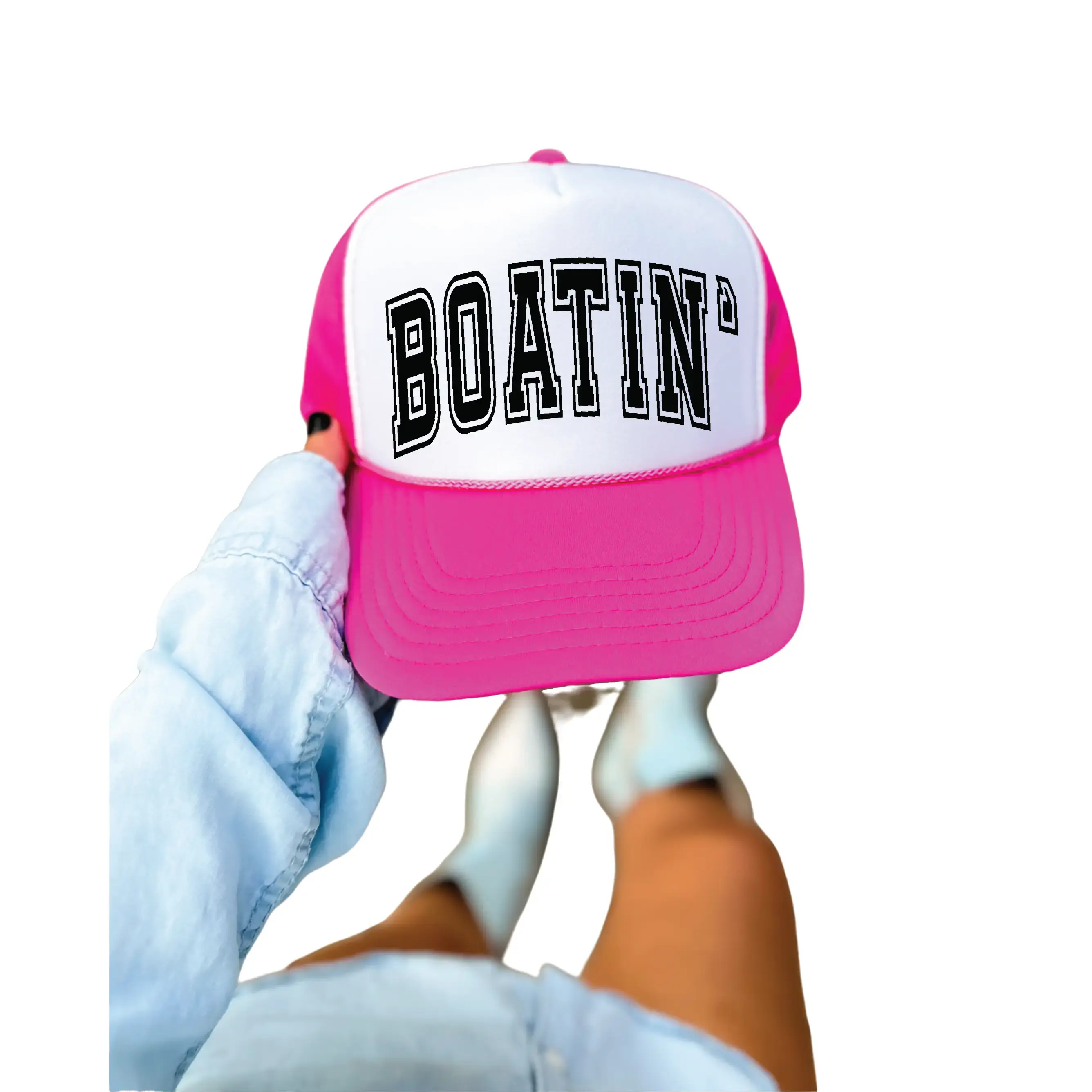 Boatin' DTF Printed Hot Pink and White Trucker Hat