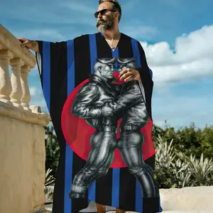 Tom of Finland High Contrast Print V-Neck Pullover Kaftan, Dramatic Black White Graphic Long Sleeve Closed Front Robe, Artist Archive Resort Sleep Shirt