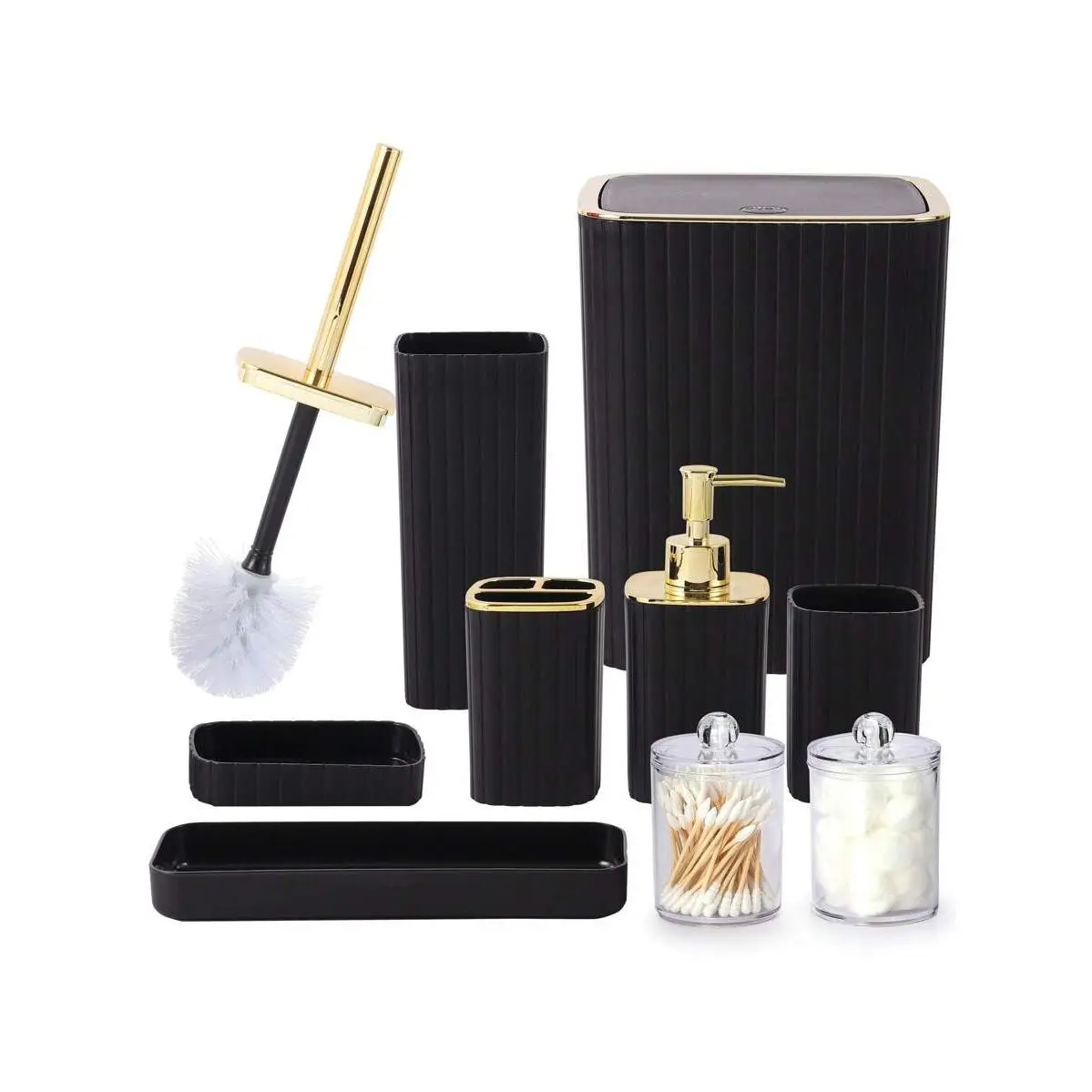 9-Piece Set Of Gold Bathroom Accessories, White Bathroom Accessory Set, Equipped With Toothbrush Holder, Mouthwash Cup, Soap Dispensing Bottle, Tray, Soap Box, Press Open Trash Can, Toilet Brush Home Bathroom Decor Bathroom Accessories Bath