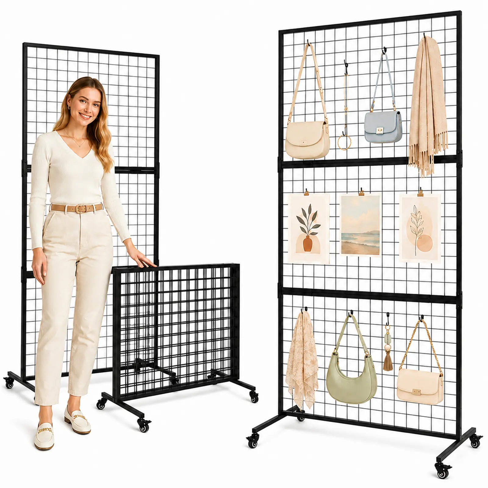 Gridwall Panels 3 Pack Foldable 34 x 75 in Mobile Display Stand with 4 Casters 2 with Brakes 4.8 x 4.8 cm Grid for Retail Craft Shows and Trade Shows