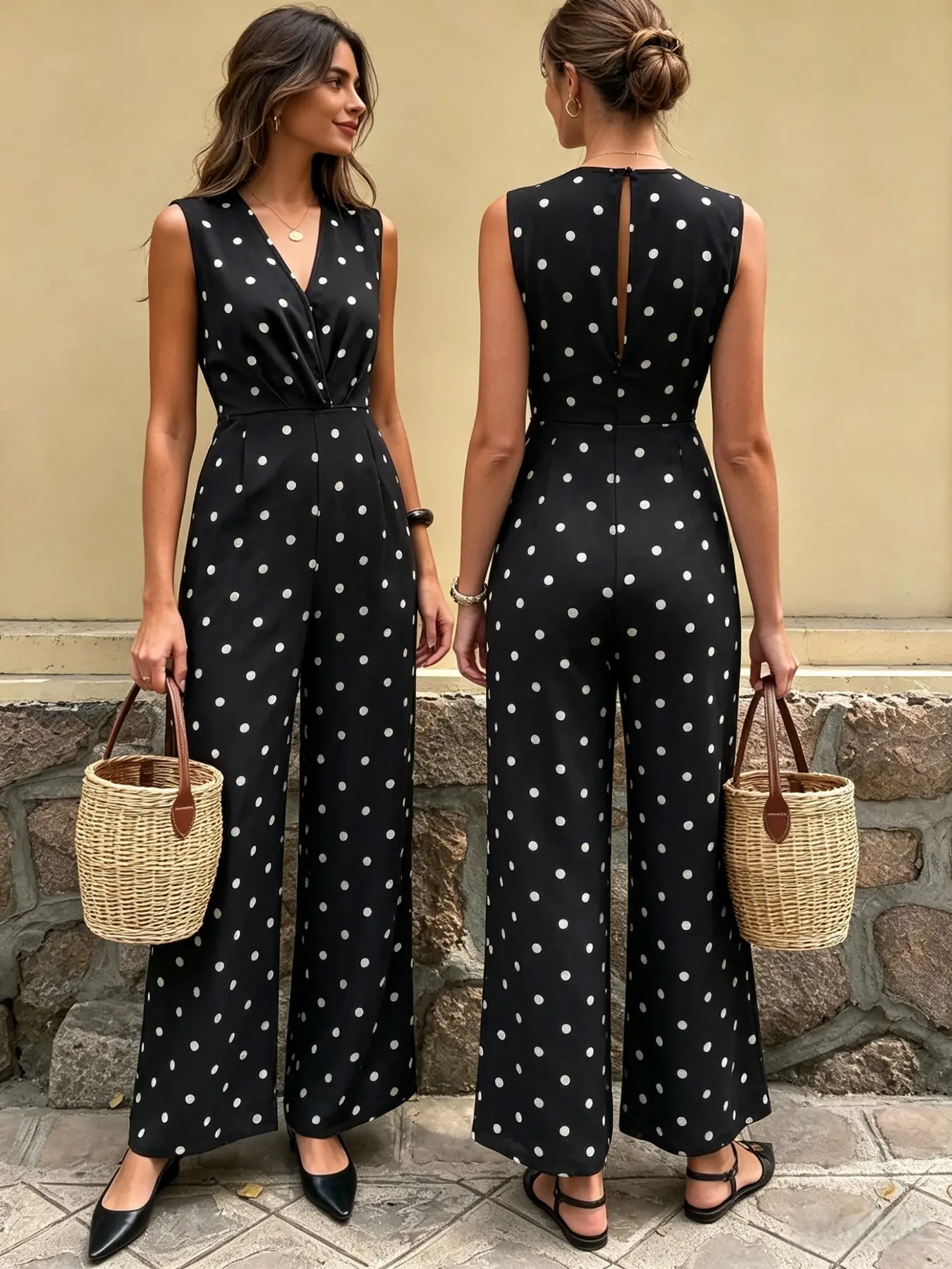 Summer Vacation Style Chic Women's Polka Dot Wide Leg Jumpsuit, Sleeveless V Neck Waist Cinch Slim Fit, Casual Korean Fashion Jumpsuit Womenswear