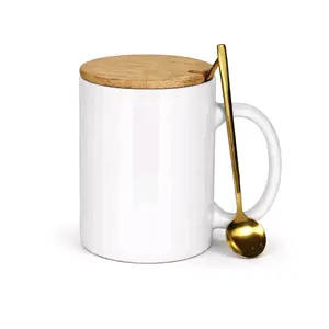 White Ceramic Mug with Wooden Lid and Gold Spoon for Coffee and Tea
