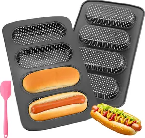 2 Pcs Perforated Nonstick Hot Dog Bun Pan, Heat Resistant Carbon Steel Bread Baking Tray, Mini Baguette Baking Pan for Hot Dog Bun Rolls and Sub Roll Baking