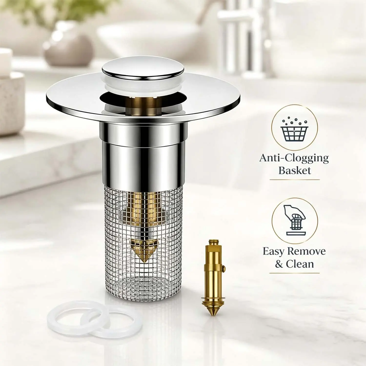 Universal Pop-Up Sink Drain Stopper with Stainless Steel Filter Basket Anti-Clog Debris Catcher Easy Install for Bathroom Kitchen | All-In-One Drain Protector, Quick Assembly Tool for Vanity Sink & Kitchen Basin