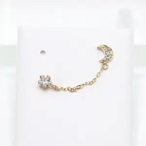 14KT Gold Moon-Star Earring with Chain - Elegant Jewelry for Women