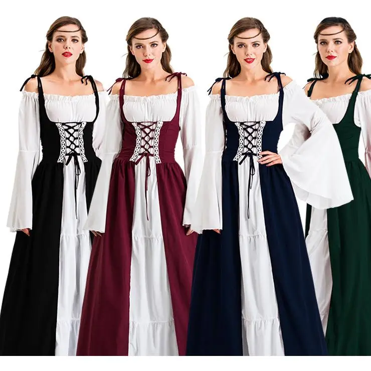Lady's Renaissance Style Cotton-Blend Spandex Fabric Clothes - Medieval Square Neck Tie Waist Gown for Halloween, Stage Wear, Ethnic, Women's Clothes, Accessories, 2Xl, Fantasy, Long Gown, Costumes, Medieval Gown