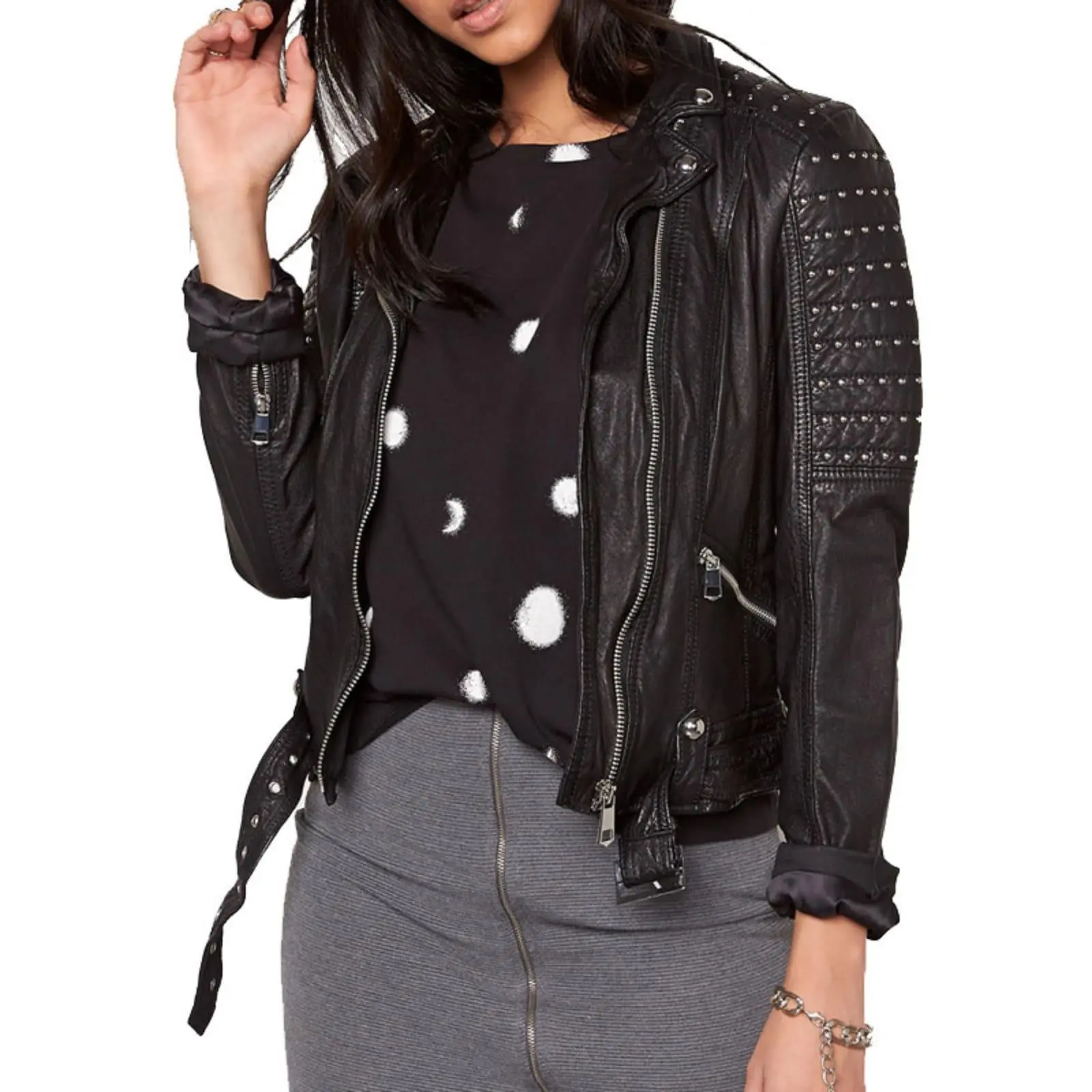 Women's Slim Fit Leather Motorcycle Jacket Black Studded