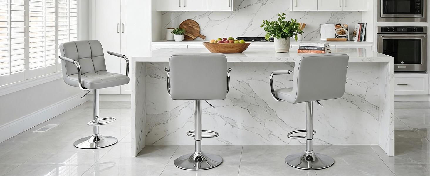 Set of 2 Swivel Bar Stools with Armrests, Adjustable Counter Height Bar Chairs with Backrest & Footrest, PU Leather Modern Barstools for Kitchen Island, Home Bar, Dining Room, Cafe