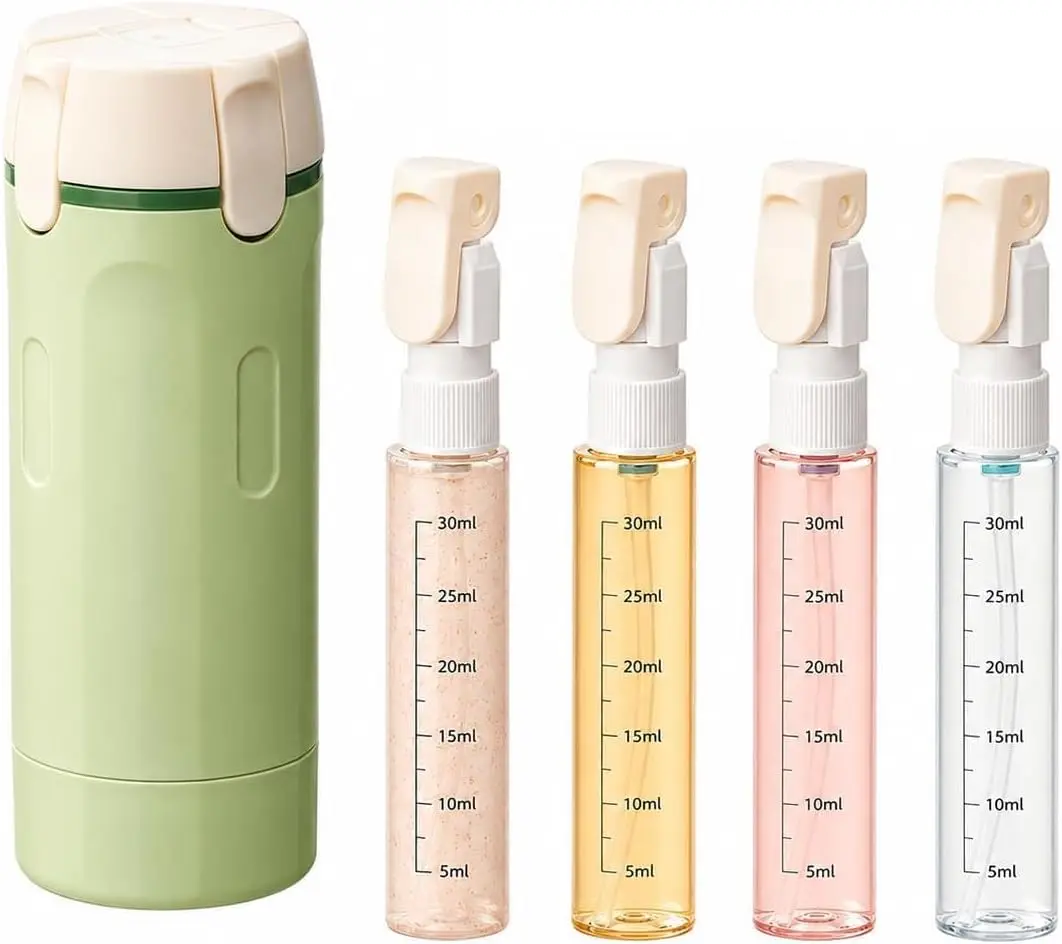 4 in 1 Travel Dispenser Bottle, Leak Proof Refillable Travel Toiletry Containers for Shampoo Lotion Liquid, TSA Approved Travel Bottles Set for about 3 Days Business Trip (Per Person), 4 x 30ml, Green