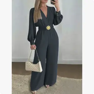 2026 Hot Selling women's waist cinched Belted jumpsuit V-neck bubble sleeve wide leg pants, suitable for autumn andwinter-Casual Long Sleeve Women's Playsuit