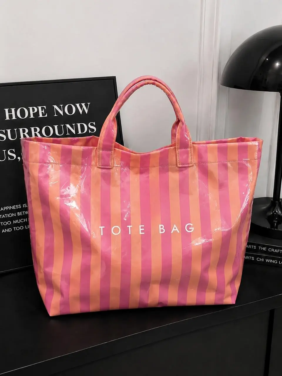 Women's Black and White Striped Shiny Waterproof Large-Capacity Durable Gym Tote Bag - Versatile Simple Elegant Multifunctional Shoulder Handbag for Daily Work & Commute