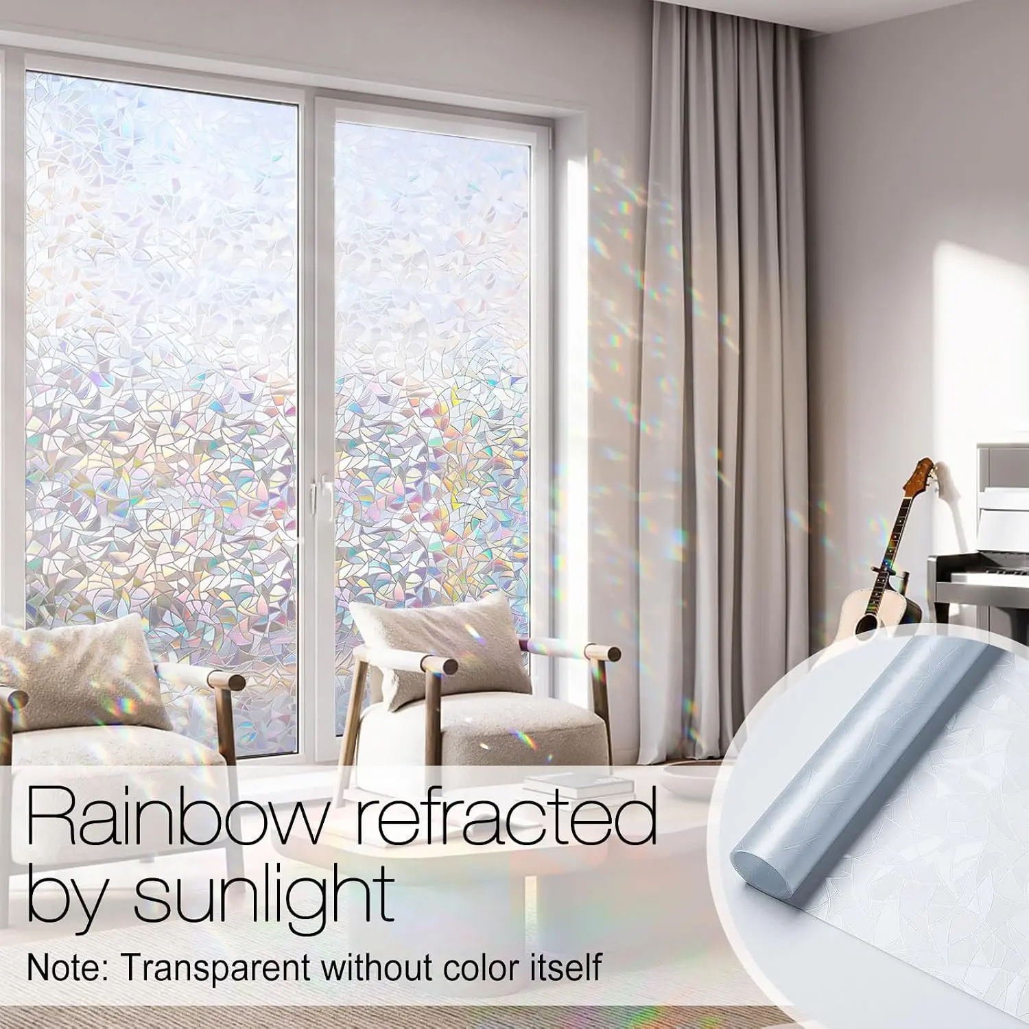 Window Privacy Film Rainbow Film Decorative Window Sticker, 3D Static Stained Glass Cling Tint for HomeHeat Control Non-Adhesive, 17.5 x 78.7 inches