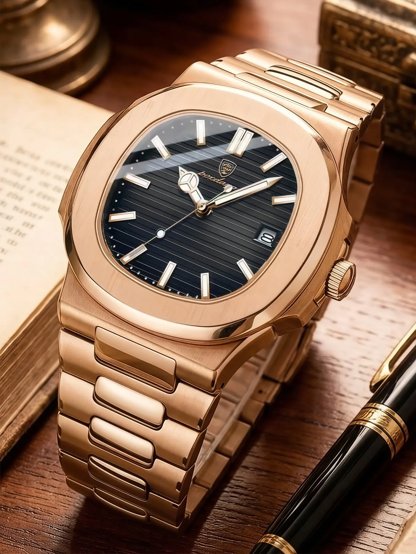 Men's Luxury Business Fashion Watch, Rose Gold Stainless Steel Case, Dial with Calendar, Quartz Movement, Casual Sports Outdoor Durable Watch, Analog Quartz Watch, Quartz Wristwatch, Quartz Wrist Watches
