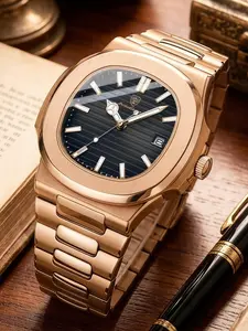 Men's Luxury Business Fashion Watch, Rose Gold Stainless Steel Case, Dial with Calendar, Quartz Movement, Casual Sports Outdoor Durable Watch