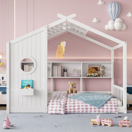 【Bellemave】Full/Twin Size Floor House Bed for Toddler, Kids Montessori Bed  with Storage Shelf, Playhouse Bed with Roof Design, WhiteTwin