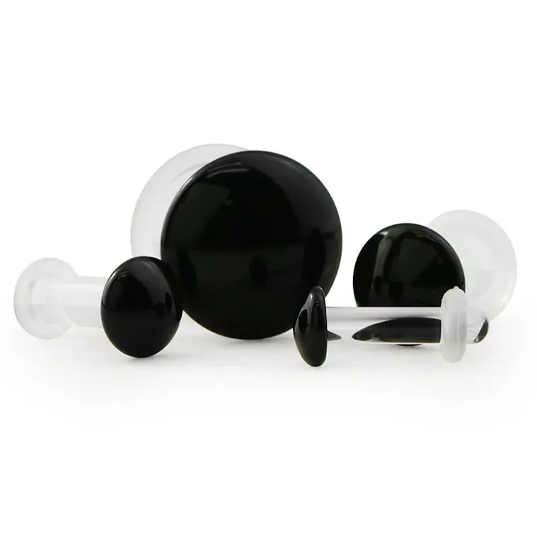 Black Glass Plugs - Single Flare Body Jewelry for Stretched Ears, Available in Gauge Sizes (8,14,16) and Metric Sizes (13mm,18mm/11/16",25mm/1"), 8 Gauge