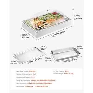 VEVOR Countertop Food Serving Display Container, 1x 1 Pan Stainless Steel Food Serving Tray, Buffet Condiment Dispenser Display Rack with Clear Arc Lid 3 Ice Trays, for Restaurant, Hotel, Party
