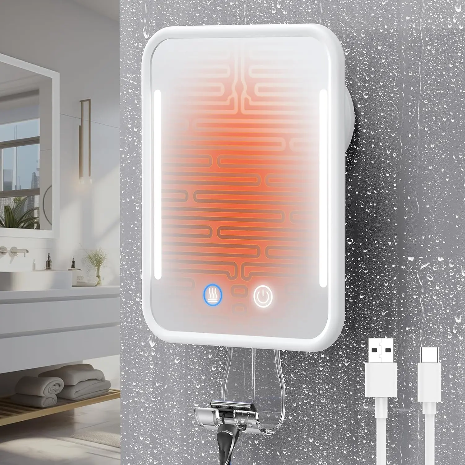 White Heated LED Lights Fogless Bathroom Mirror for Shaving - 5000mAh Rechargeable, Adjustable Detachable Suction Cup, Razor Holder, NO-Drilling, Removable, Waterproof - Ideal for Christmas, Birthdays, ABS Construction, Fogless Heat