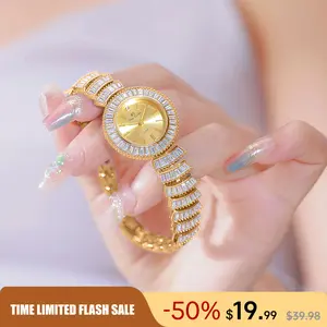 Gold Jewelry Bracelet Watch for Women Luxury Round Dial Full Crystal Design 30M Waterproof Stainless Steel Elegant Wristwatch Fashion Jewelry Gift for Her Sparkling Ladies Watch Trendy Golden Accessories Casual Dress Style