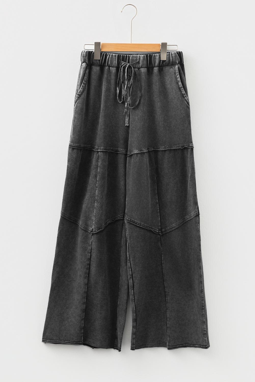Women's High Waist Black Mineral Wash Wide Leg Pants Casual Patchwork Drawstring Shift Trousers Western Style Cotton Blend