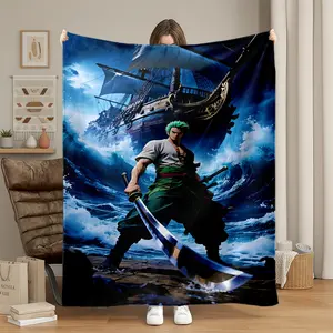 1pc One Piece Zoro Flannel Blanket, Soft Warm Nap Blanket for Sofa Office Bed Camping Travel, All Seasons Multi-Purpose Gift Blanket, Lightweight Cool Blanket, Lightweight Throw Blanket
