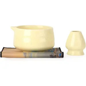 Ceramic Matcha Bowl - 16oz Speckle  Chawan & Whisk Stand for  Froth, Dishwasher Safe Yellow