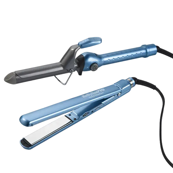 BaBylissPRO Nano Titanium 1.25" Spring Curling Iron + 1" Ultra-Thin Flat Iron Set