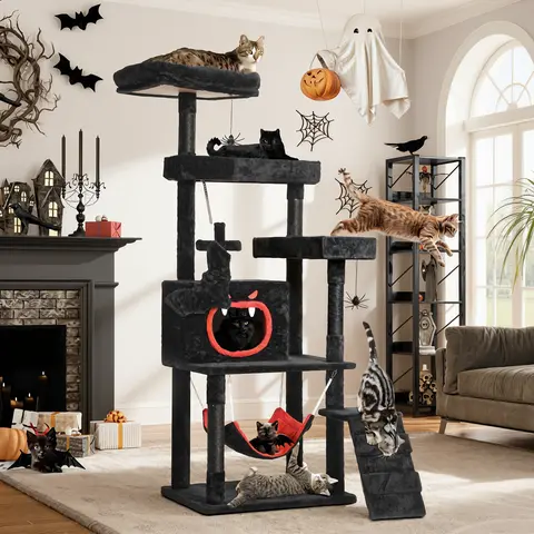 Yitahome Gothic Cartoon 38.6''-Tall Black Halloween Cat Tree with Detachable Coffin Bed, Plush Perch, Spacious Kitten Condo, Hammock Napping Spot, Multiple Sisal Scratching Posts, Vertical Scratcher, Ladder, Easy Setup