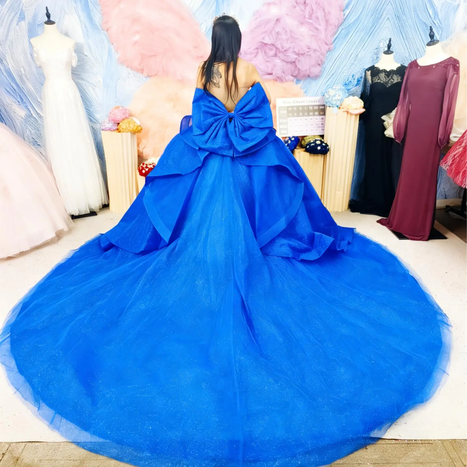 Women's Formal Dress, No.11 Formal Wear Gown with Detachable Big Bow and Long Train - Available in Royal Blue, Red, Pink, Light Blue, Green, Wedding, Floor Length