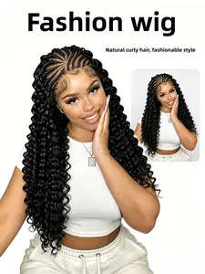 13*6hd Lace Pre-Braided Synthetic Wig, Long Deep Curly Cornrow Braided Wig, Natural Baby Hair, Glueless Afro Curly Wig for Women