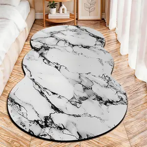 2D Flat velvet irregular rug with black and white marble pattern, machine washable non-slip carpet for bedroom, all seasons & holiday decor, durable & easy to clean.