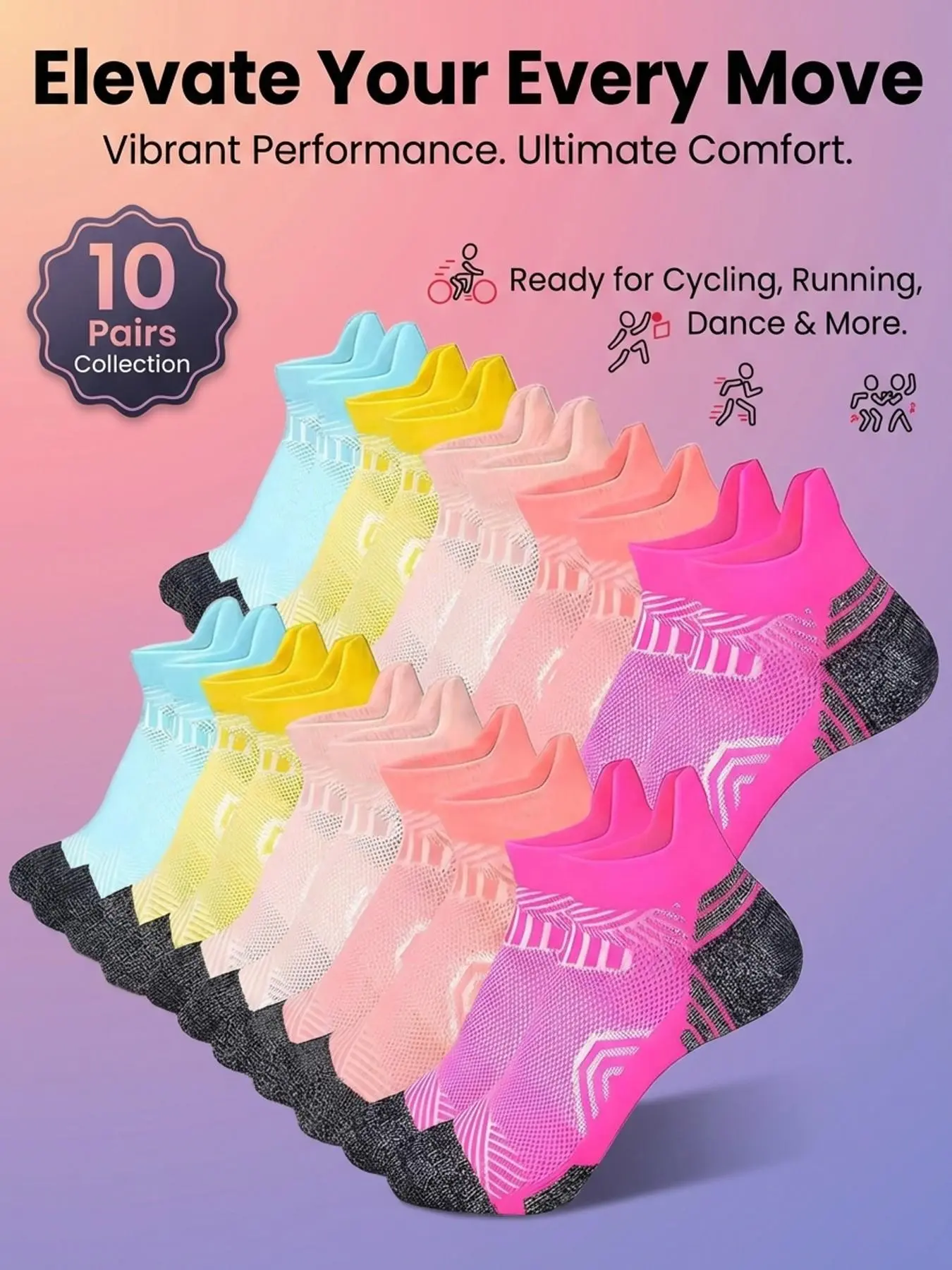 Women's Breathable Sweat-Wicking Sports Socks, Outdoor Activity, All Seasons, 10 Pairs Pack, Sock Packs, Striped Pattern, Casual Style, Athletic Socks, Running Socks, Dance Socks
