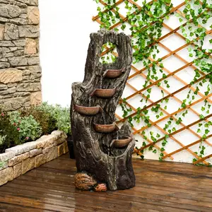 6-Tier Floor Cascading Water Fountain, 43.31''H Indoor Outdoor Tree Trunk Waterfall Fountain with LED Lights, Resin Water Feature for Backyard, Patio, Porch, Lawn