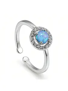 Unique Adjustable Blue Fire Opal Zircon Ring for Women Size 7-9 Silver Tone Halo CZ Best Friend Gift Jewelry