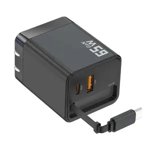 Upgraded 65W USB-C Compact Gan Wall Charger US Plug with 2feet Retractable Cable &A+C Dual Port Portable Super Fast Charger US Adapter for iPhone 15/16pro/Ipad/MacBook/Galaxy