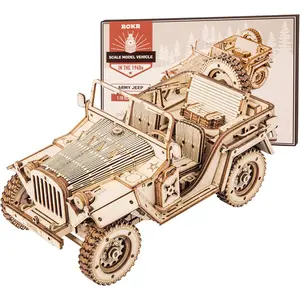 Robotime ROKR 3D Wooden Puzzle for Adults-Mechanical Car Model Kits-Brain Teaser Puzzles-Vehicle Building Kits-Unique Gift for Kids on Birthday/Christmas Day(1:18 Scale)(MC701-Army Field Car)