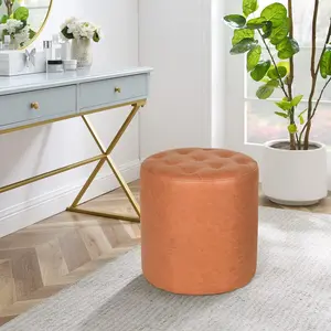 Adeco Round Footrest Ottoman Vanity Stool Upholstered Tufted Footstools for Living Room Bedroom Home Office