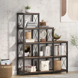 TRIBEWOOD 12 Shelves Bookshelf, Industrial Ladder Corner Bookshelf 9 Cubes Stepped Etagere Bookcase, Rustic 5-Tier Display Shelf Storage Organizer for Home Office