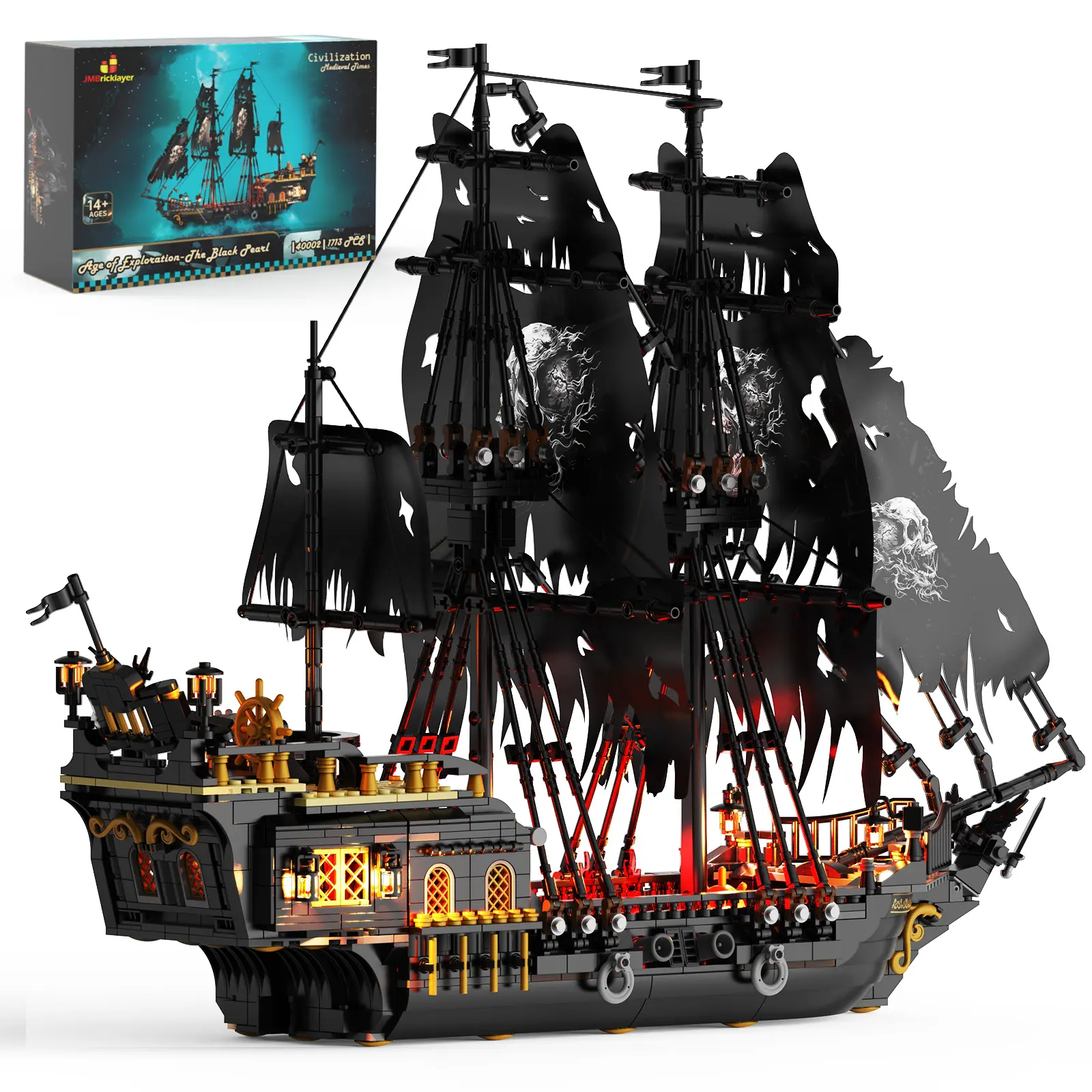 Nocturnal Voyage: A Symphony of Shadow and Sail - JMBricklayer Black Pirate Ship Model Kit, Light-Up Sailing Vessel with Exquisite Details for Home Office Display (1713 Pcs)