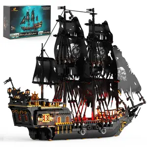 Nocturnal Voyage: A Symphony of Shadow and Sail - JMBricklayer Black Pirate Ship Model Kit, Light-Up Sailing Vessel with Exquisite Details for Home Office Display (1713 Pcs)