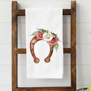 Housewarming Gift Kitchen Towel – Floral Horseshoe Decor – Good Luck New Home Present – Farmhouse Flour Sack