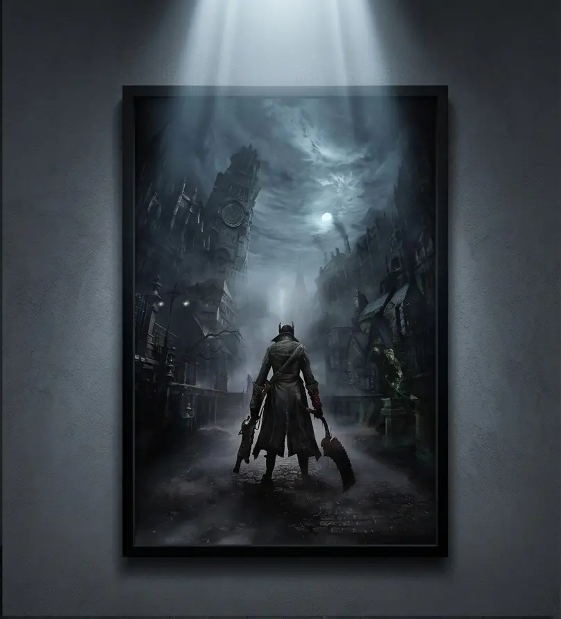Bloodborne Hunter Scene Canvas Wall Art - Gothic Yharnam Poster Print for Gamers' Gaming Room Decor, Premium Eco-Friendly Durable Long-Lasting Materials, Available in Black Frame, Gallery Wrap or Unframed