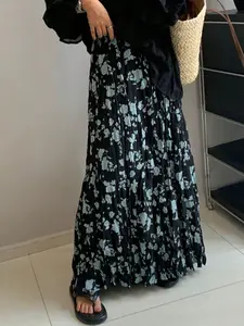 Women's Elastic High Waist Floral Crinkle Maxi Skirt Smocked Pleated Flowy Long Skirts Hot Pink Boho Beach Vacation Summer Resort Wear Maternity Friendly Lightweight Cover Up Dopamine Dressing Spring