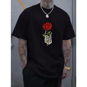 Men's Comfy Round Crew Neck Short Sleeve Tee, Breathable Fashion T-Shirt with Rose Pattern Print for Spring Summer Holiday Leisure Vacation