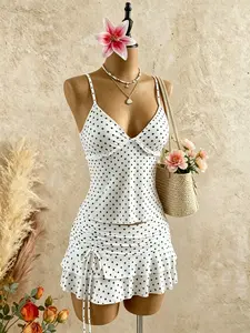 Women's Polka Dot Halter Top + Ruffle Skirt Set, Millennial Summer Casual Sleeveless Short Top Mini Dress Set, Trendy, Chic