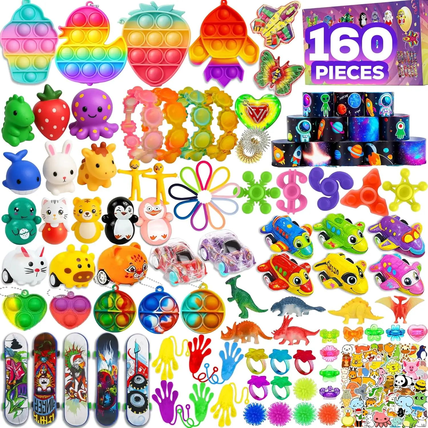 Fidget Packs for Kids Party Favors, 160 Pieces Variety Pop Sensory Toys Set with Stickers, Bulk Unisex Goodie Bag Fillers, Sensory Fidget Gift, Random